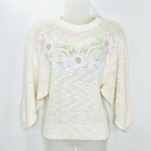 Vintage Pretense Sweater Women M Cream Knit Grandma Preppy Academia Floral 80s